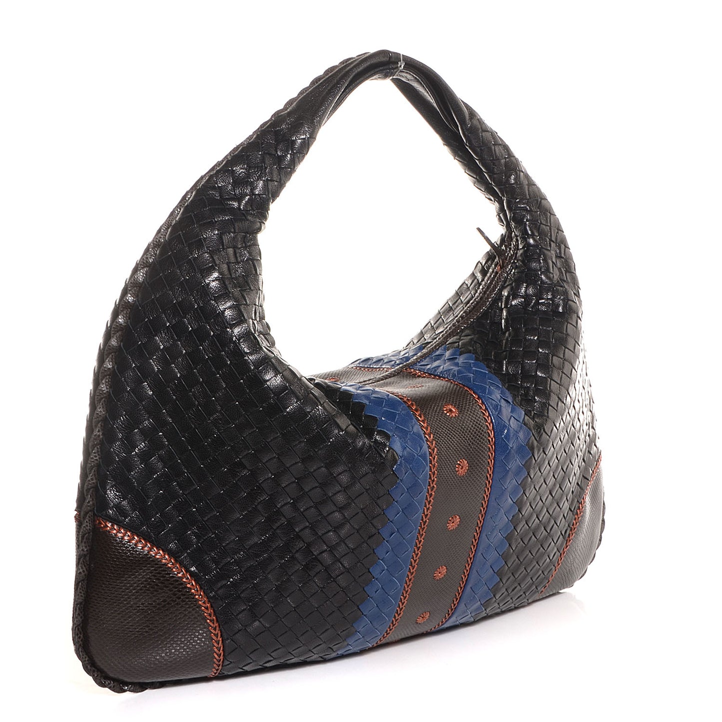 Shiny Goatskin Intrecciato Karung Large Veneta Hobo Cobalt Nero