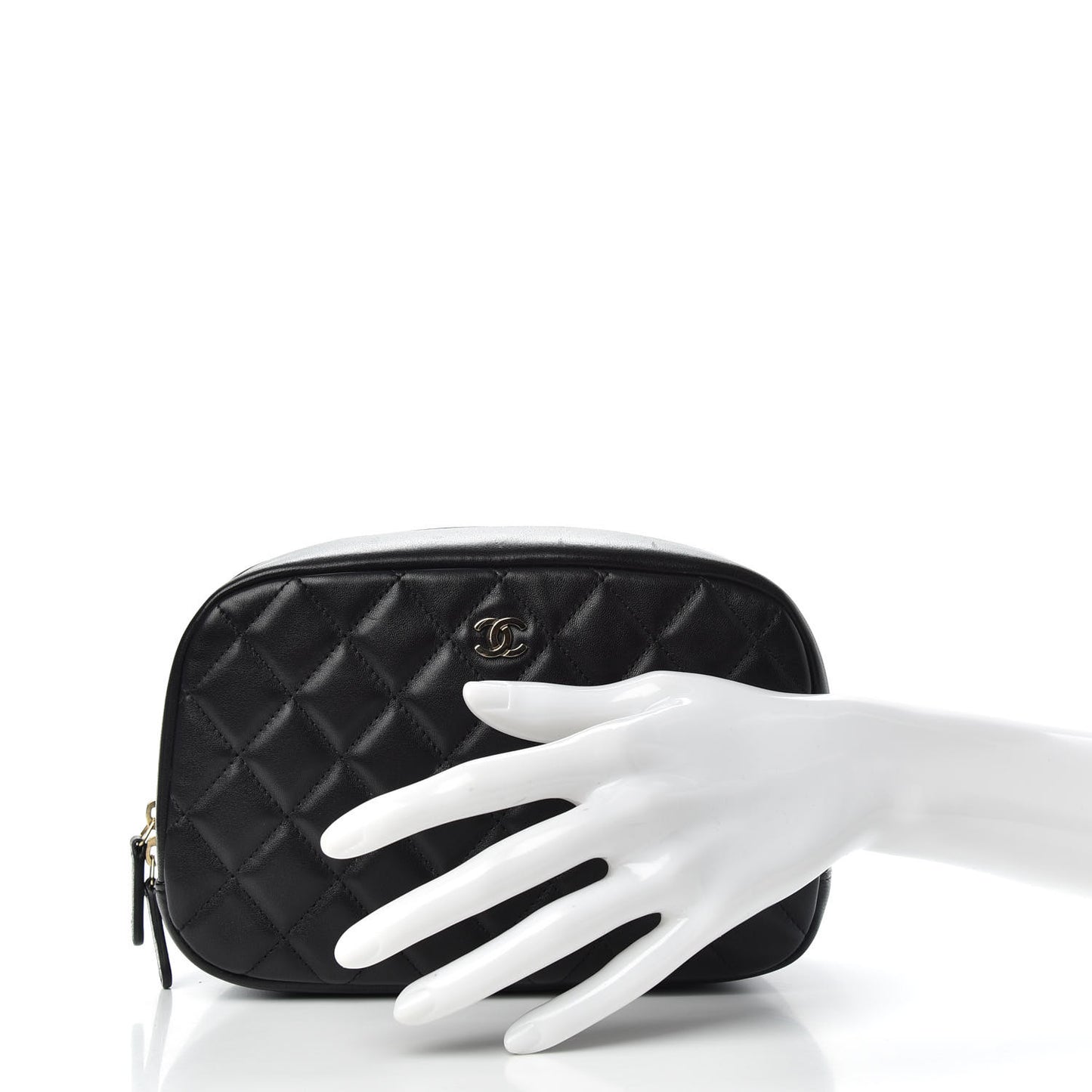 Lambskin Quilted Medium Curvy Pouch Cosmetic Case Black