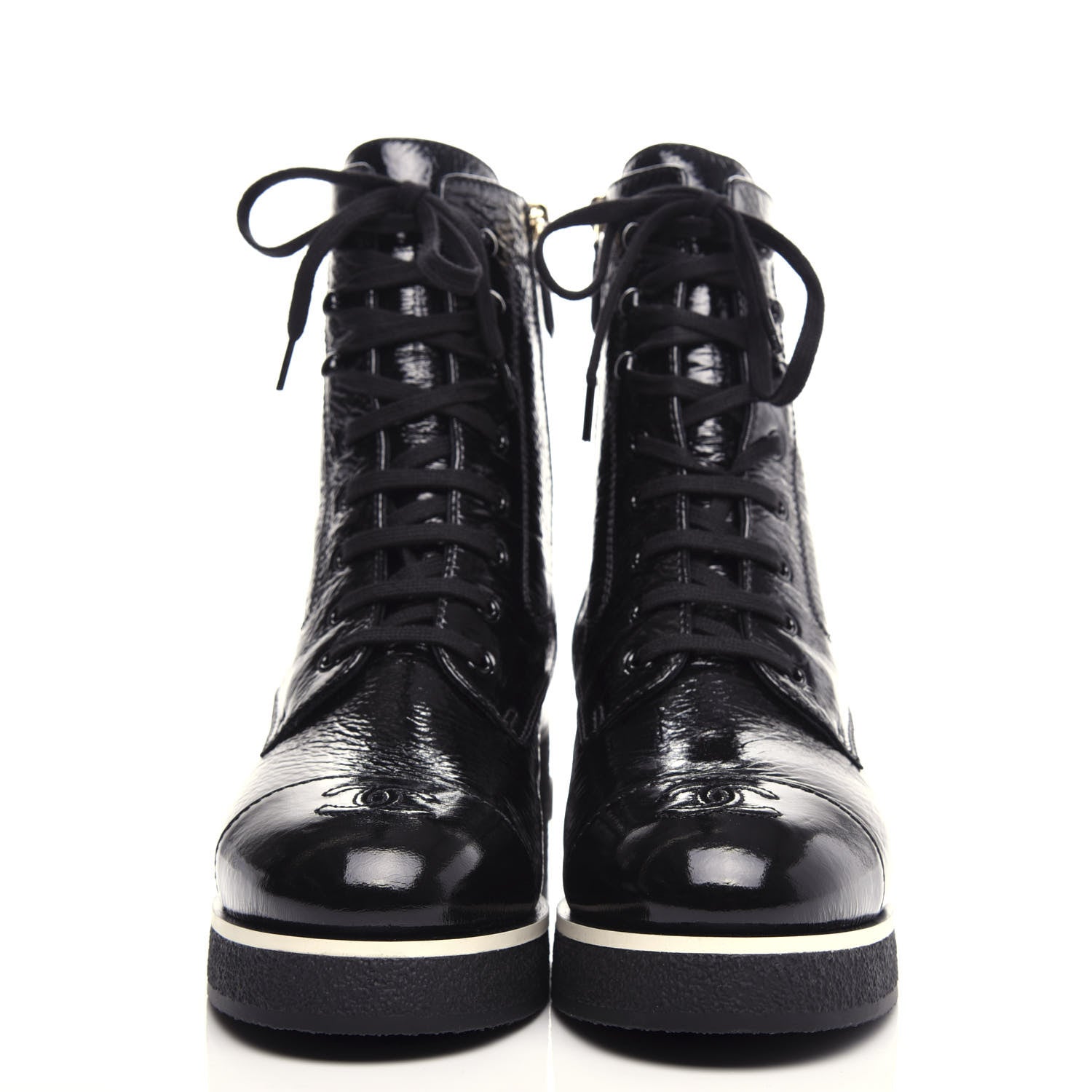 Chanel Shiny Crumpled Lambskin Lace Up Combat Boots 42 Black 2 of 11