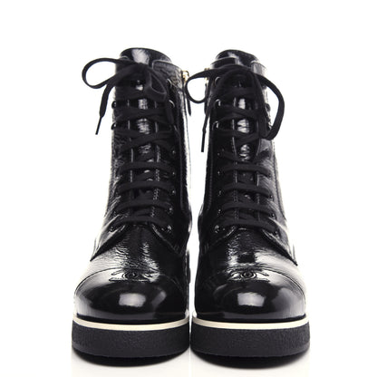 Chanel Shiny Crumpled Lambskin Lace Up Combat Boots 42 Black 2 of 11