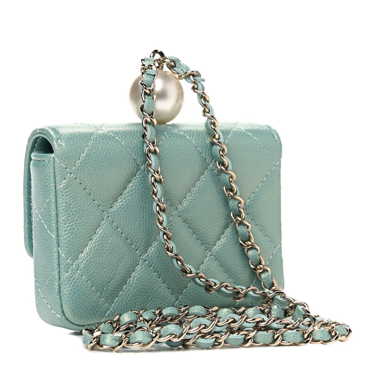 Chanel Iridescent Caviar Quilted Pearl On Top Coin Purse With Chain Light Green 2 of 5