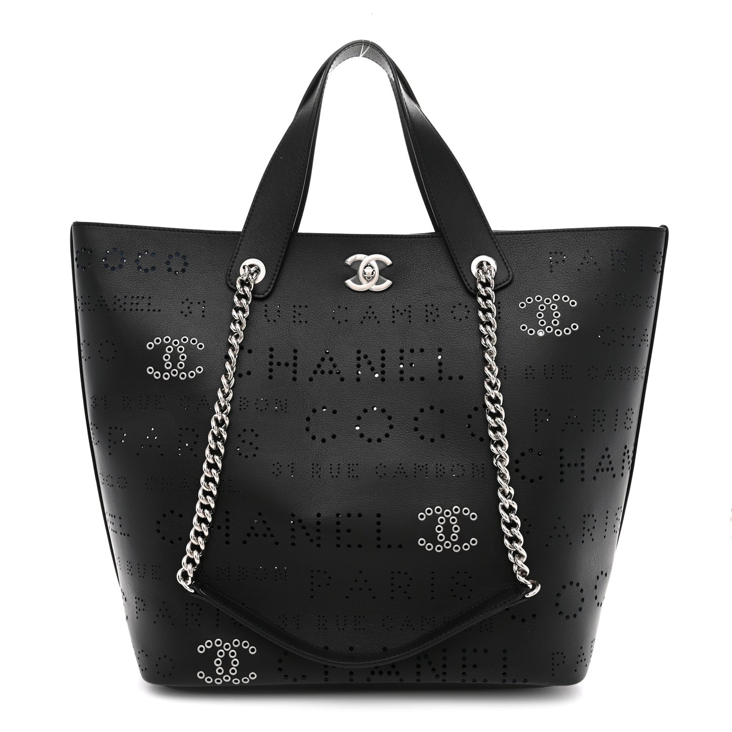Calfskin Tweed Small Logo Eyelets Shopping Tote Black