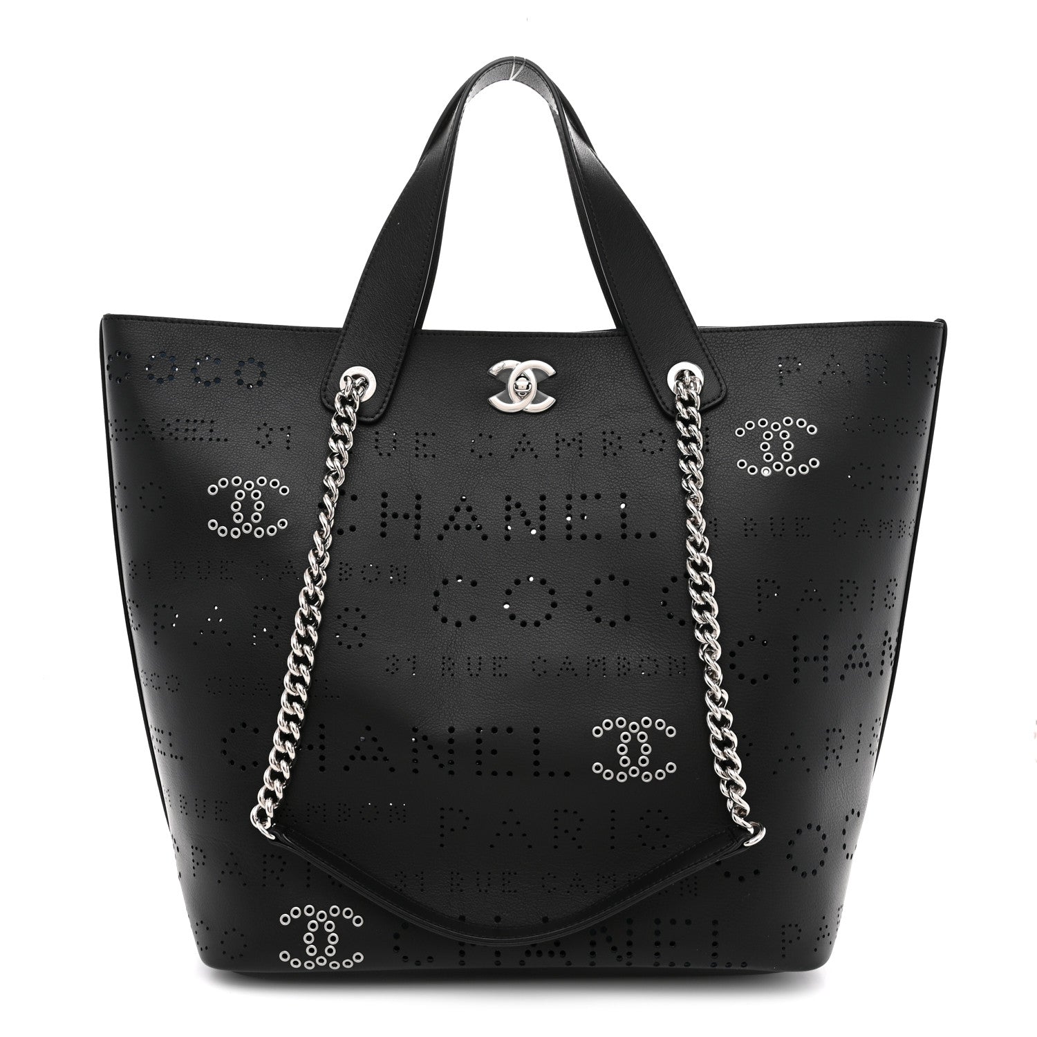 Chanel Calfskin Tweed Small Logo Eyelets Shopping Tote Black 1 of 11