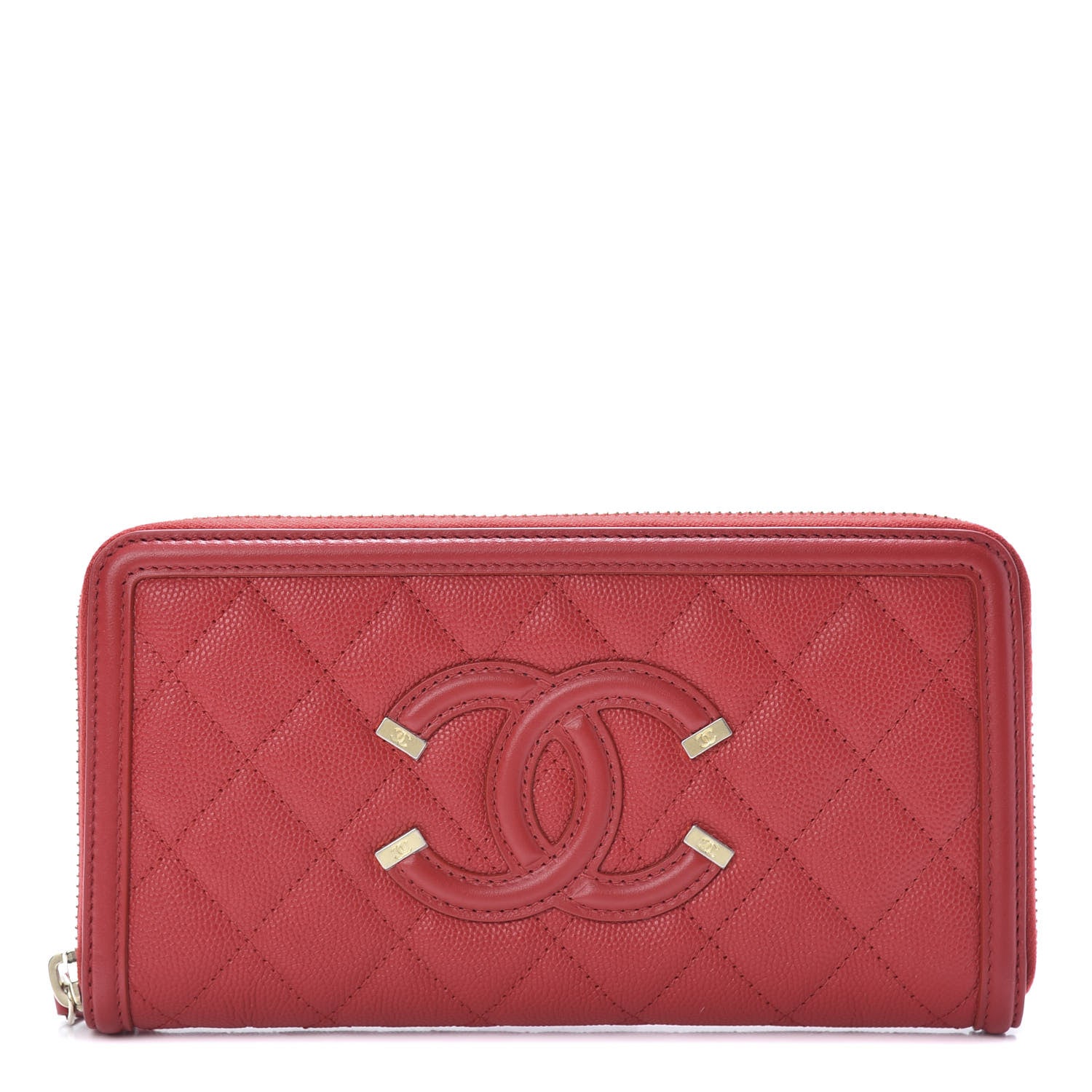 Chanel Caviar Quilted Filigree Zip Around Wallet Red 1 of 9