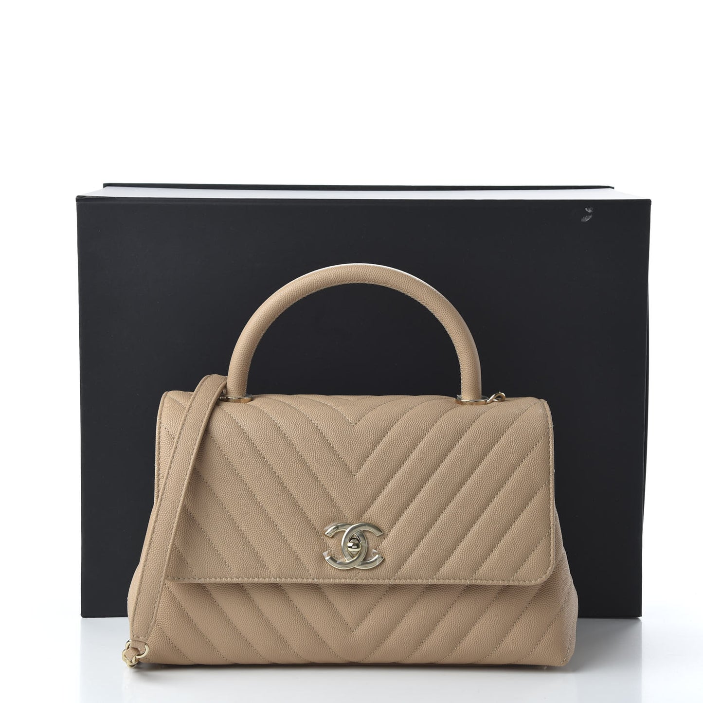 Caviar Chevron Quilted Small Coco Handle Flap Beige