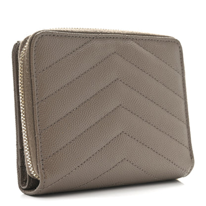 Saint Laurent Grain De Poudre Matelasse Chevron Monogram Compact Zip Around Wallet Dark Latte 3 of 9