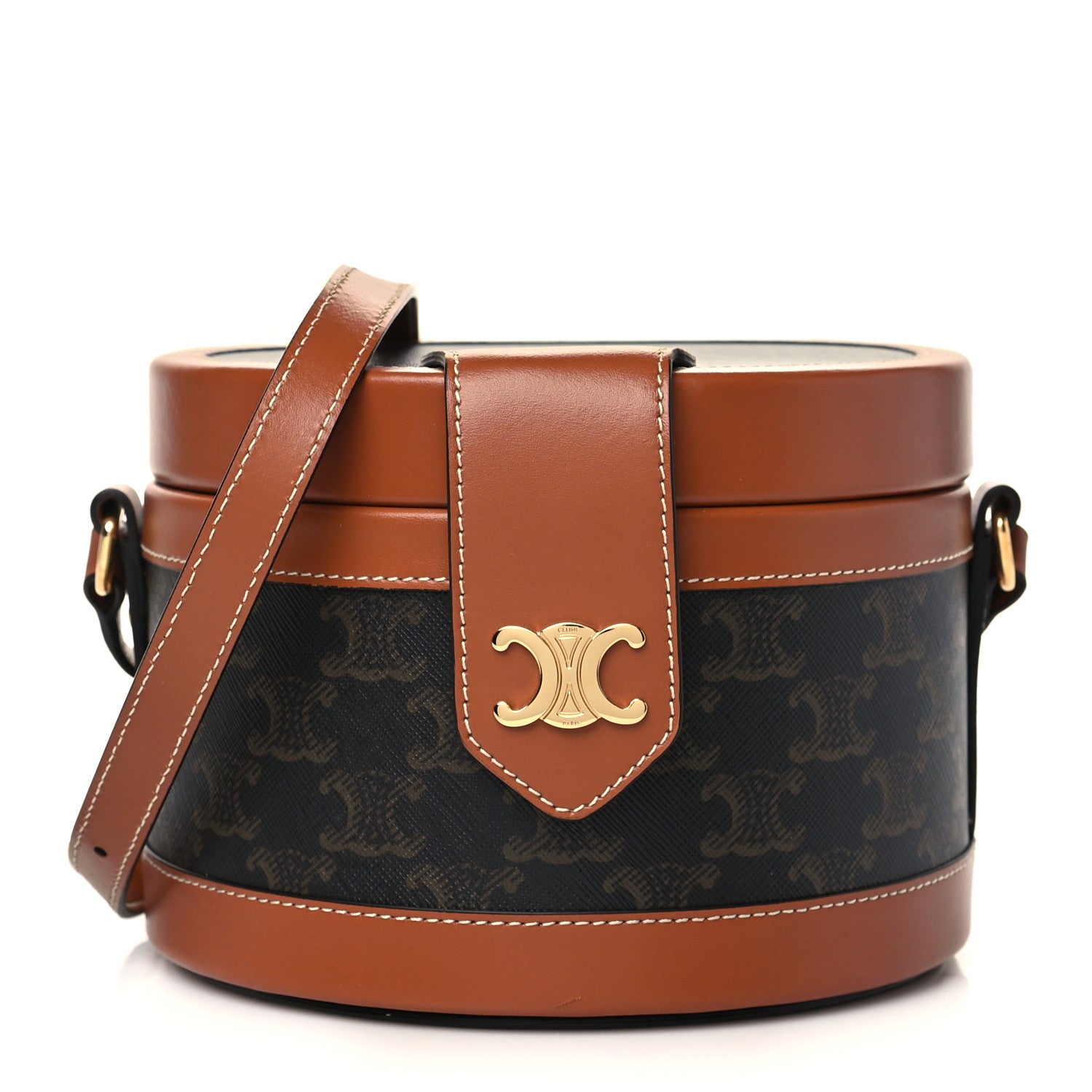 Celine Calfskin Triomphe Canvas Medium Tambour Bag Tan 1 of 7