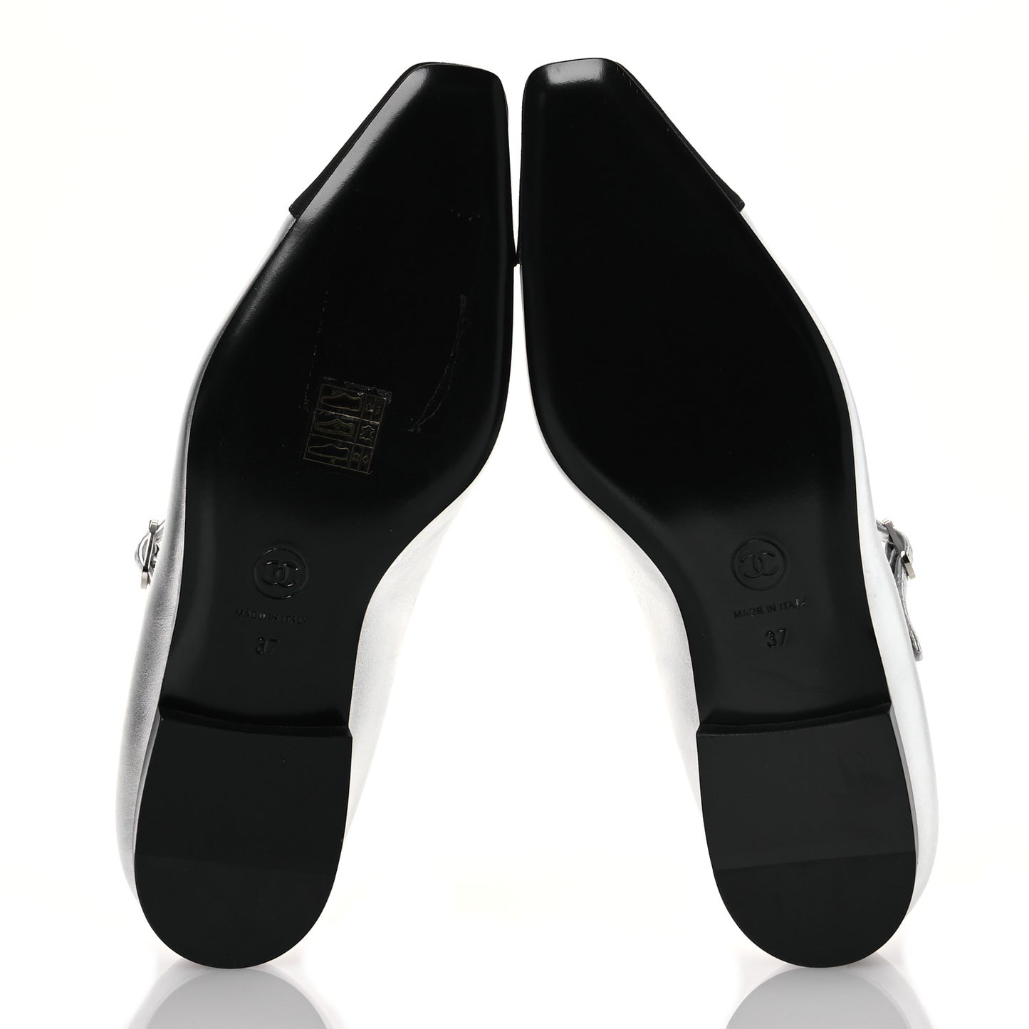 Laminated Calfskin Grosgrain Mary Janes Flats 37 Silver Black