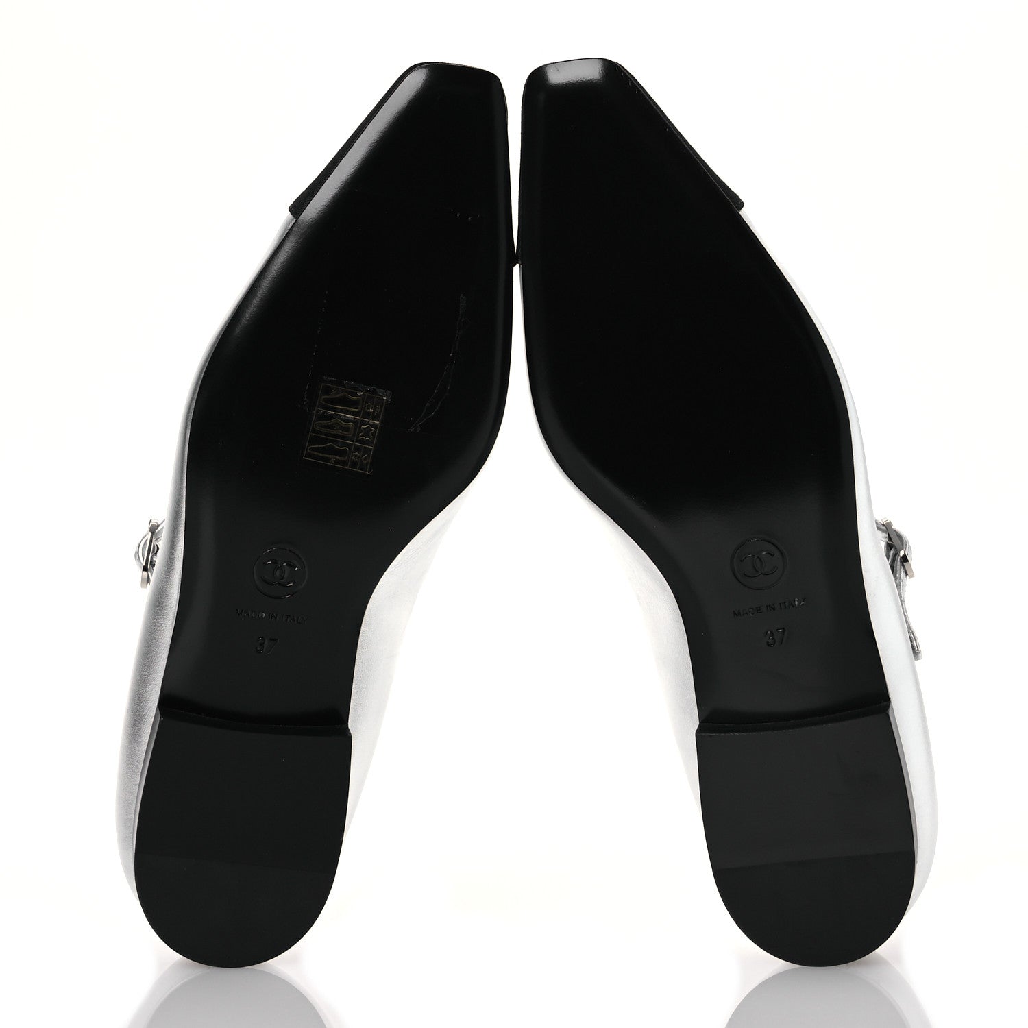Chanel Laminated Calfskin Grosgrain Mary Janes Flats 37 Silver Black 6 of 12