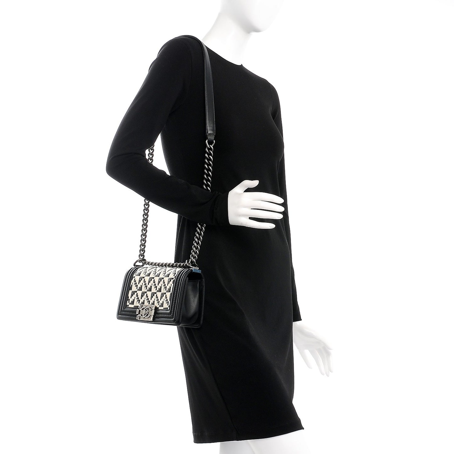 Calfskin Woven Small Boy Flap Black White