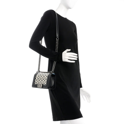Chanel Calfskin Woven Small Boy Flap Black White 2 of 8