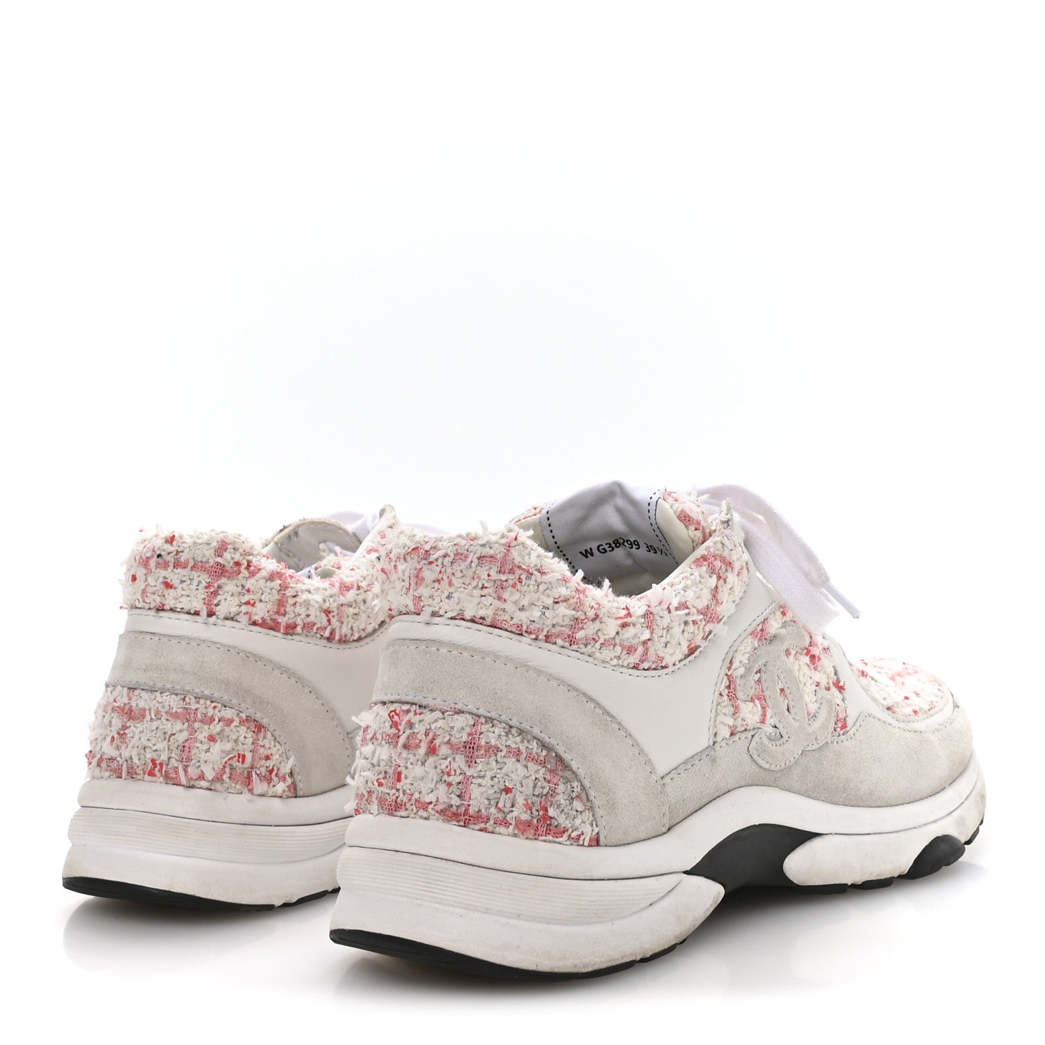 Chanel Tweed Suede Calfskin Womens CC Sneakers 39.5 Ecru Pink Red White 5 of 8