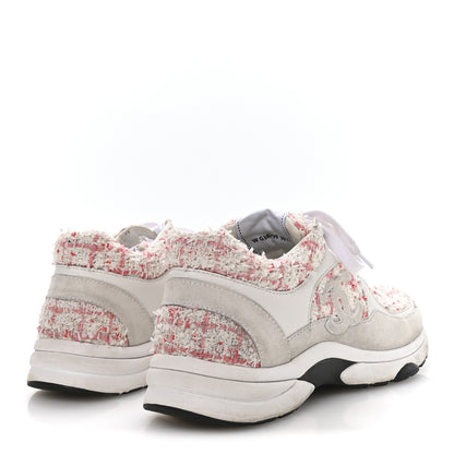 Chanel Tweed Suede Calfskin Womens CC Sneakers 39.5 Ecru Pink Red White 5 of 8