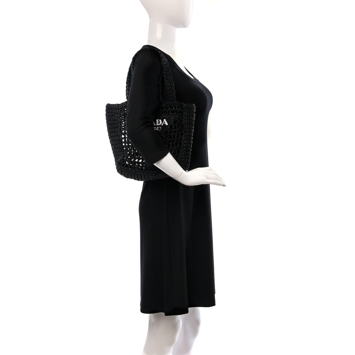 Yarn Raffia Effect Crochet Logo Embroidered Small Tote Bag Black