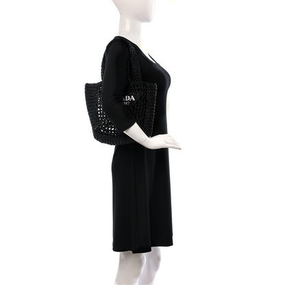 Prada Yarn Raffia Effect Crochet Logo Embroidered Small Tote Bag Black 2 of 8