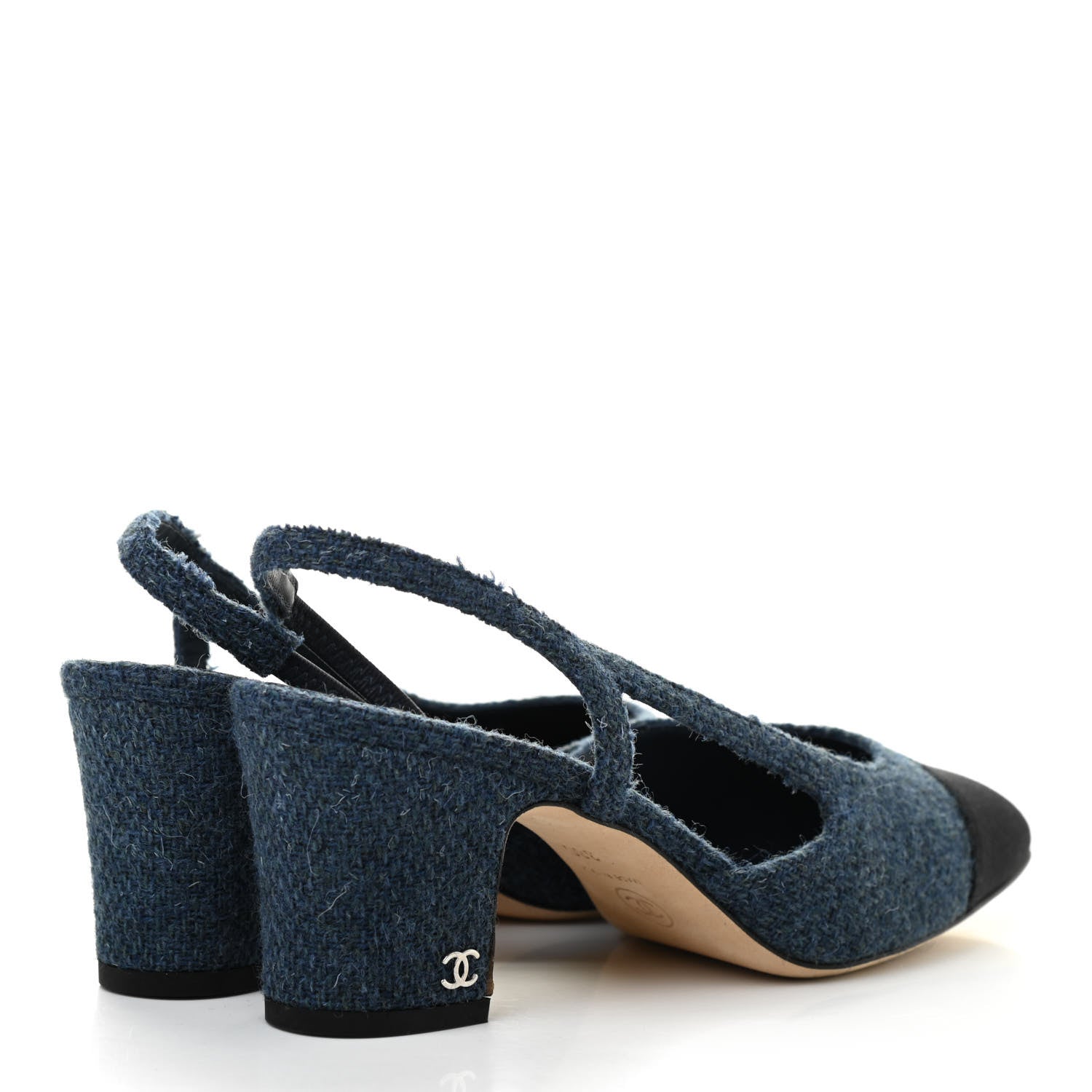 Chanel Tweed Grosgrain Cap Toe CC Slingback Pumps 38 Blue Black 4 of 8
