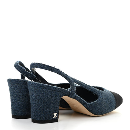 Chanel Tweed Grosgrain Cap Toe CC Slingback Pumps 38 Blue Black 4 of 8