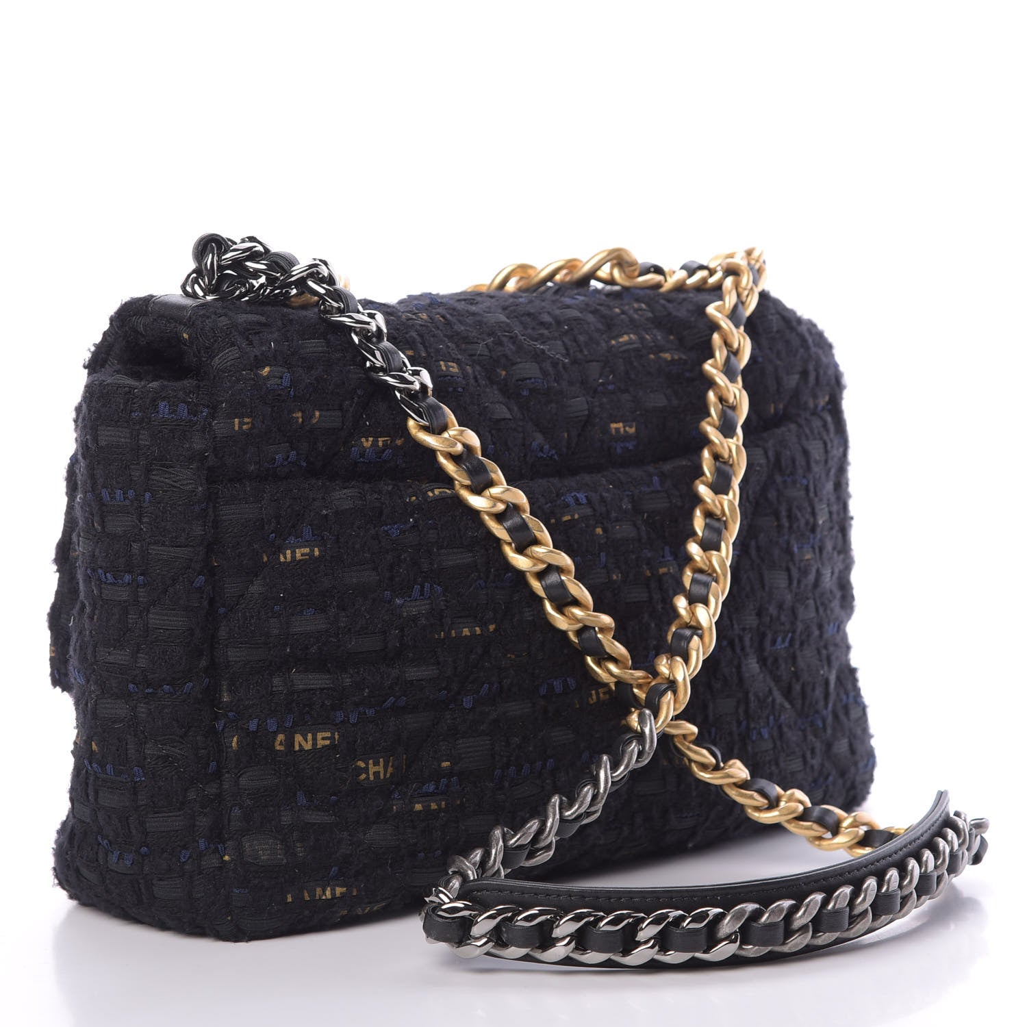 Chanel Tweed Quilted Large Chanel 19 Flap Black Navy Gold 3 of 11