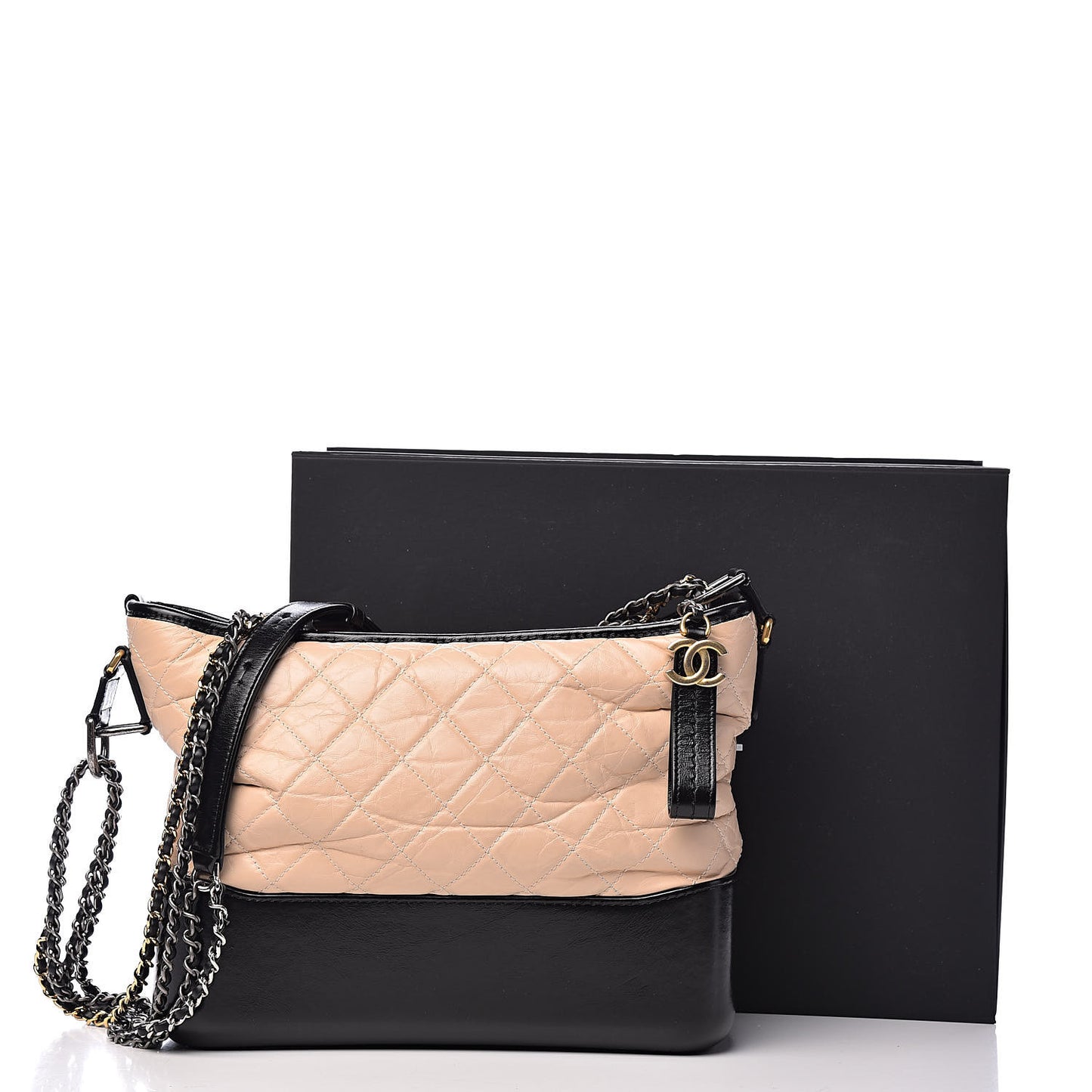 Aged Calfskin Quilted Medium Gabrielle Hobo Beige Black