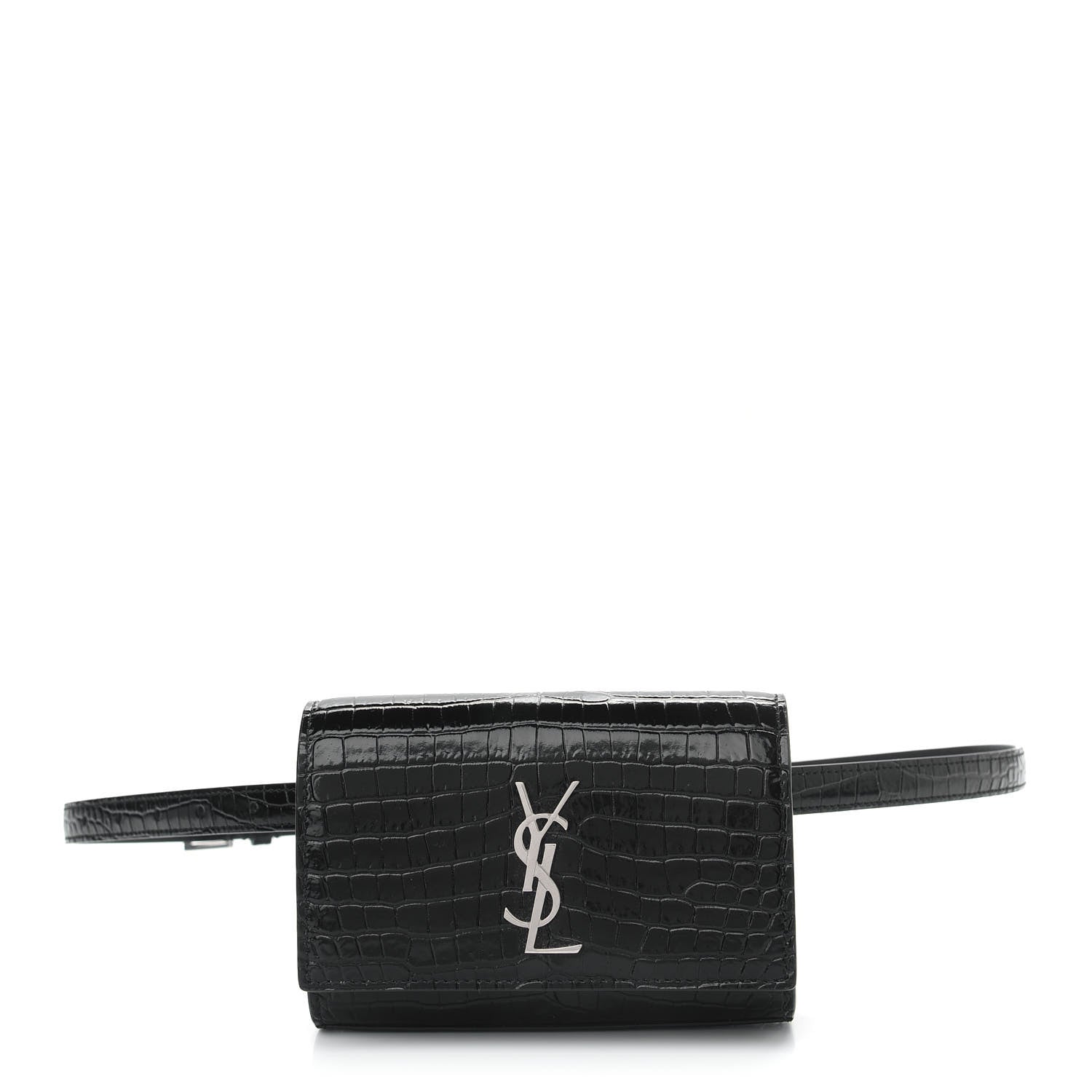Saint Laurent Calfskin Crocodile Embossed Monogram Kate Belt Bag Black 1 of 8