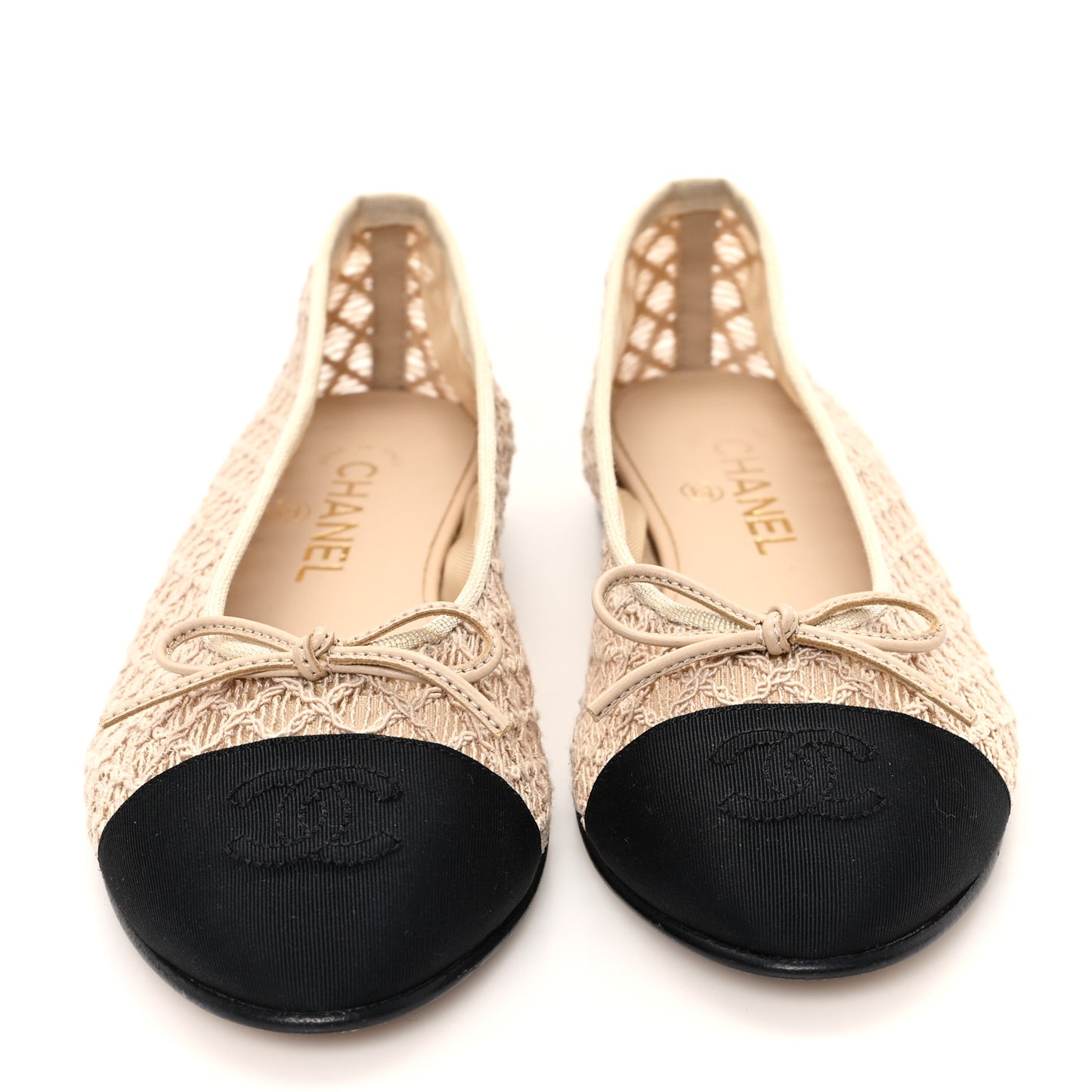 Mesh Crochet Grosgrain Cap Toe Ballerina Flats 38 Beige Black