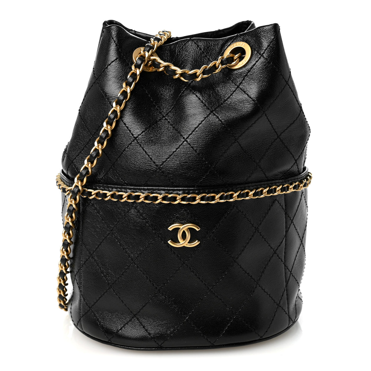 Chanel Shiny Lambskin Quilted Chain Around Drawstring Bucket Clutch With Chain Black 1 of 10