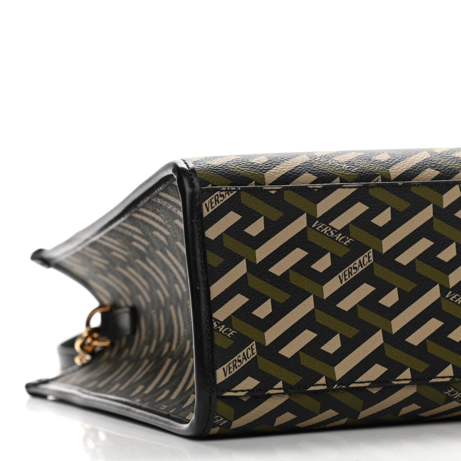 Versace Coated Canvas Calfskin La Greca Signature Tote Bag Black Khaki 8 of 10