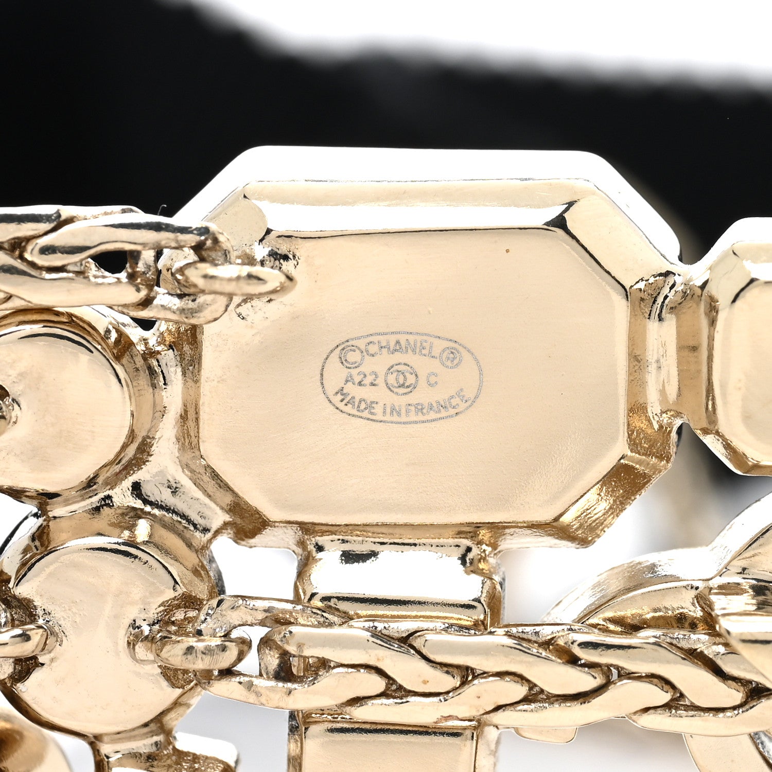 Chanel Metal Crystal Pearl Grosgrain CC Chain Tie Headband Gold 4 of 4