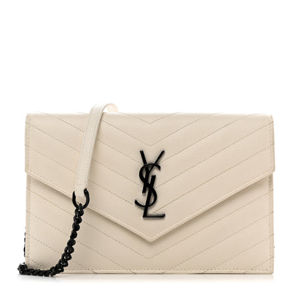 Saint Laurent Grain De Poudre Matelasse Chevron Monogram Envelope Chain Wallet Dove White 1 of 10