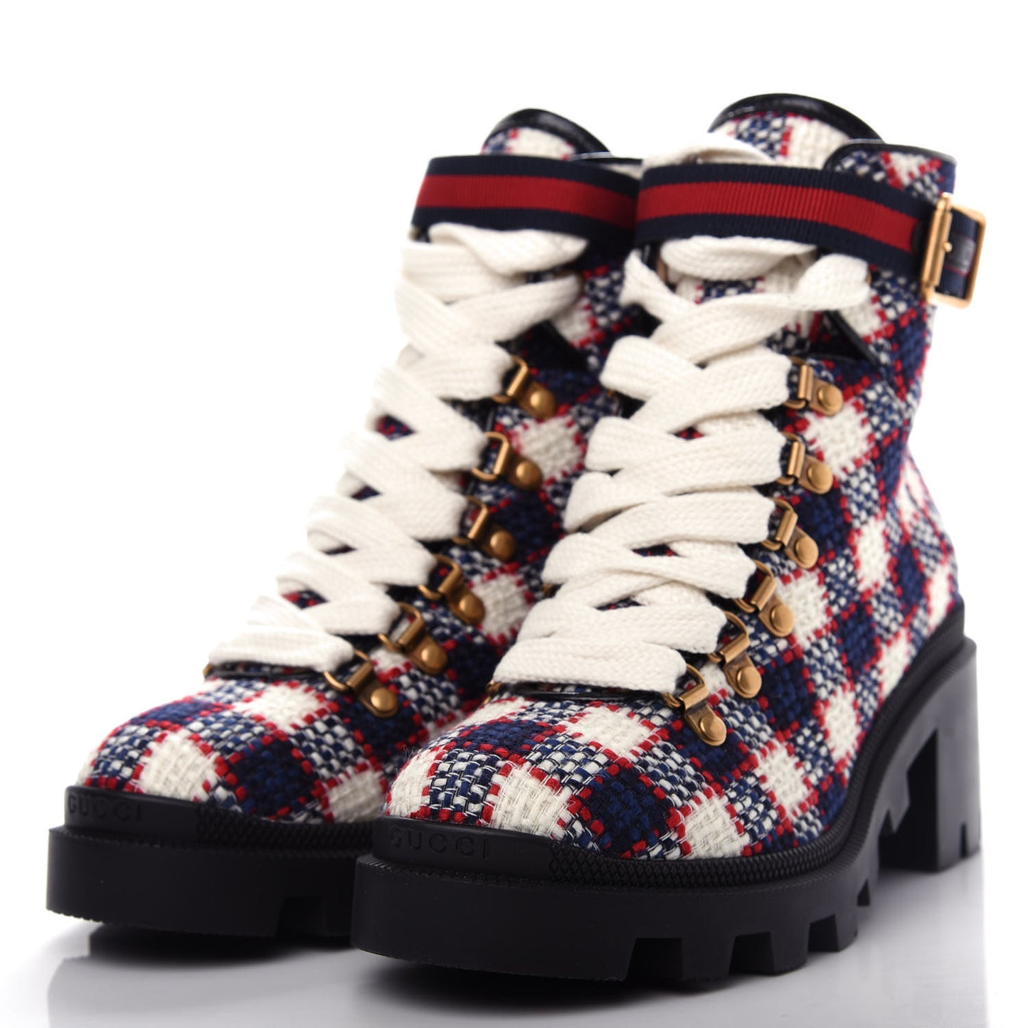 Vintage Tweed Check Lace Up Combat Ankle Boots 36.5 White Hibiscus Red Marine