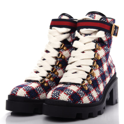 Gucci Vintage Tweed Check Lace Up Combat Ankle Boots 36.5 White Hibiscus Red Marine 3 of 11