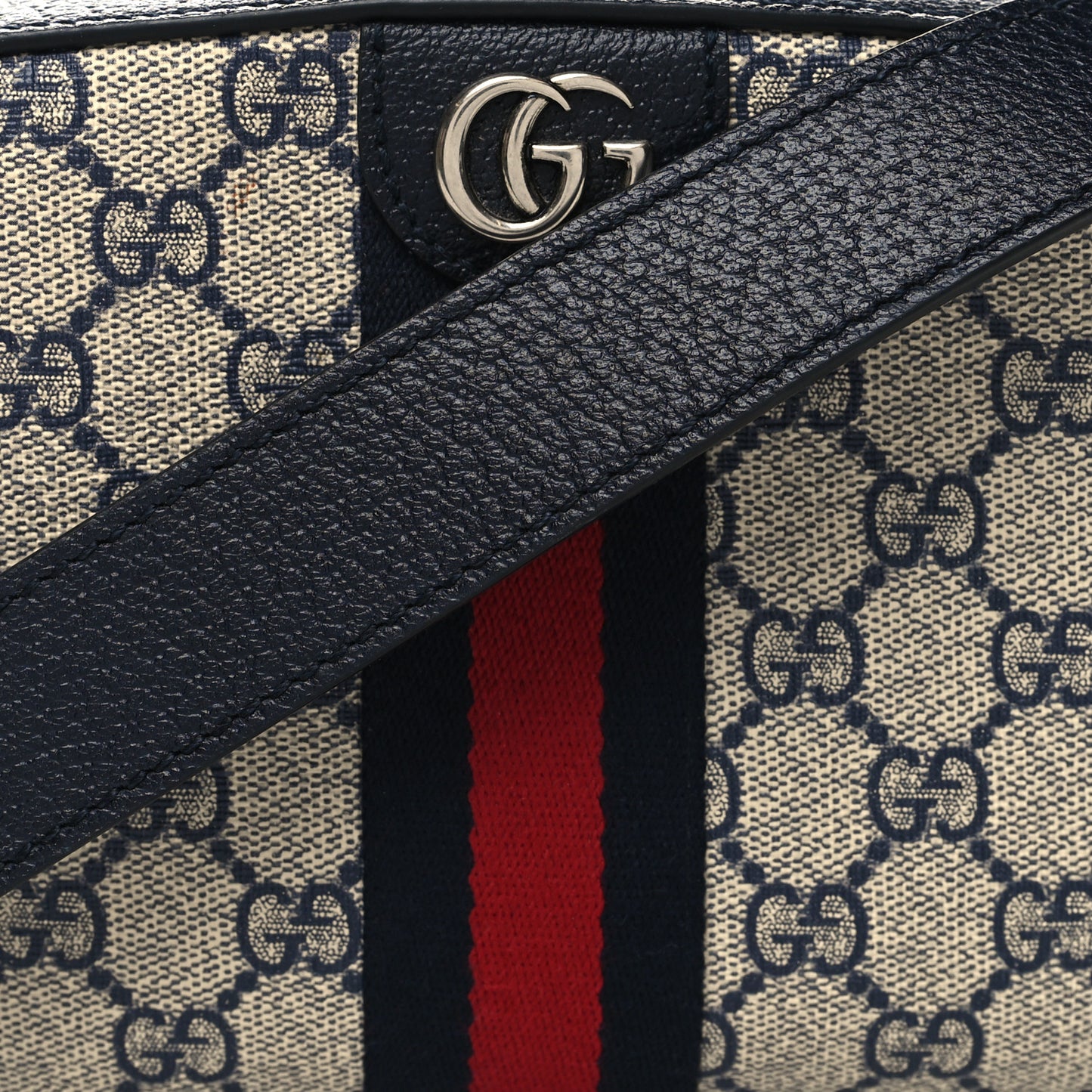 GG Supreme Monogram Textured Dollar Calfskin Web Small Ophidia Camera Bag Beige Blue