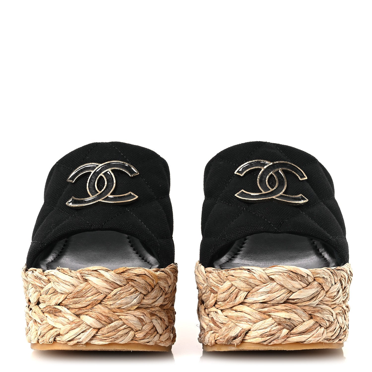 Chanel Canvas Raffia Wedge Sandals 35 Black 3 of 10