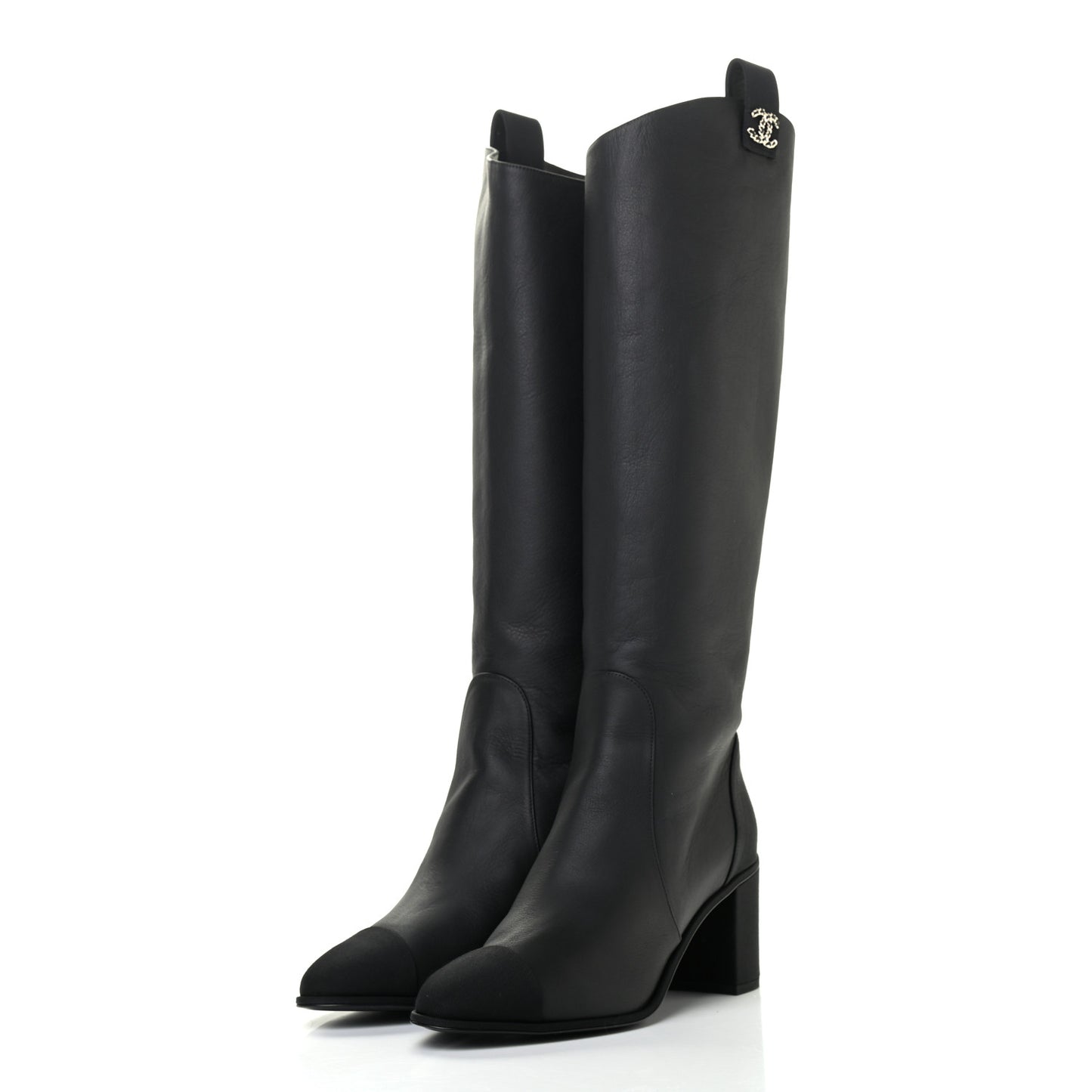 Calfskin Grosgrain Cap Toe Knee High Boots 40 Black