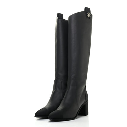 Chanel Calfskin Grosgrain Cap Toe Knee High Boots 40 Black 3 of 8