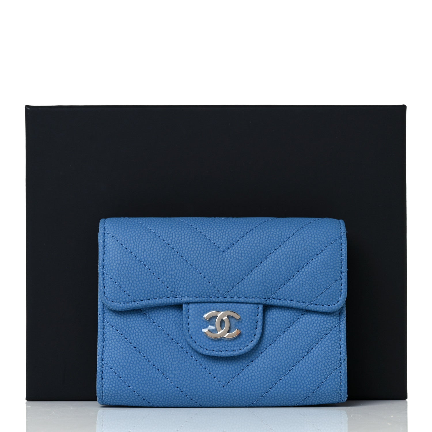 Chanel Caviar Flat Chevron Quilted Flap Card Holder Wallet Blue 11 of 11