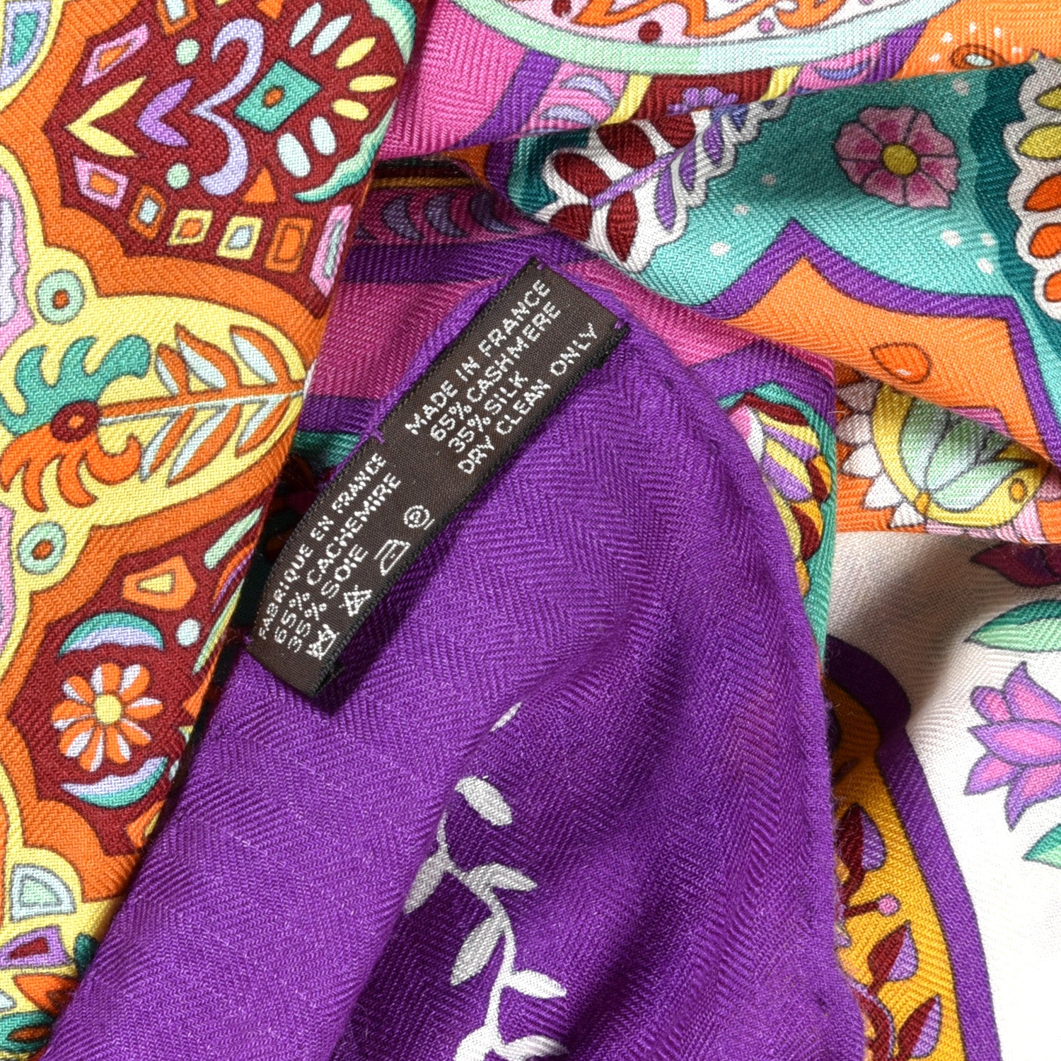 Hermes Cashmere Silk Aux Portes Du Palais Shawl 140 Violet Orange Vert 5 of 5