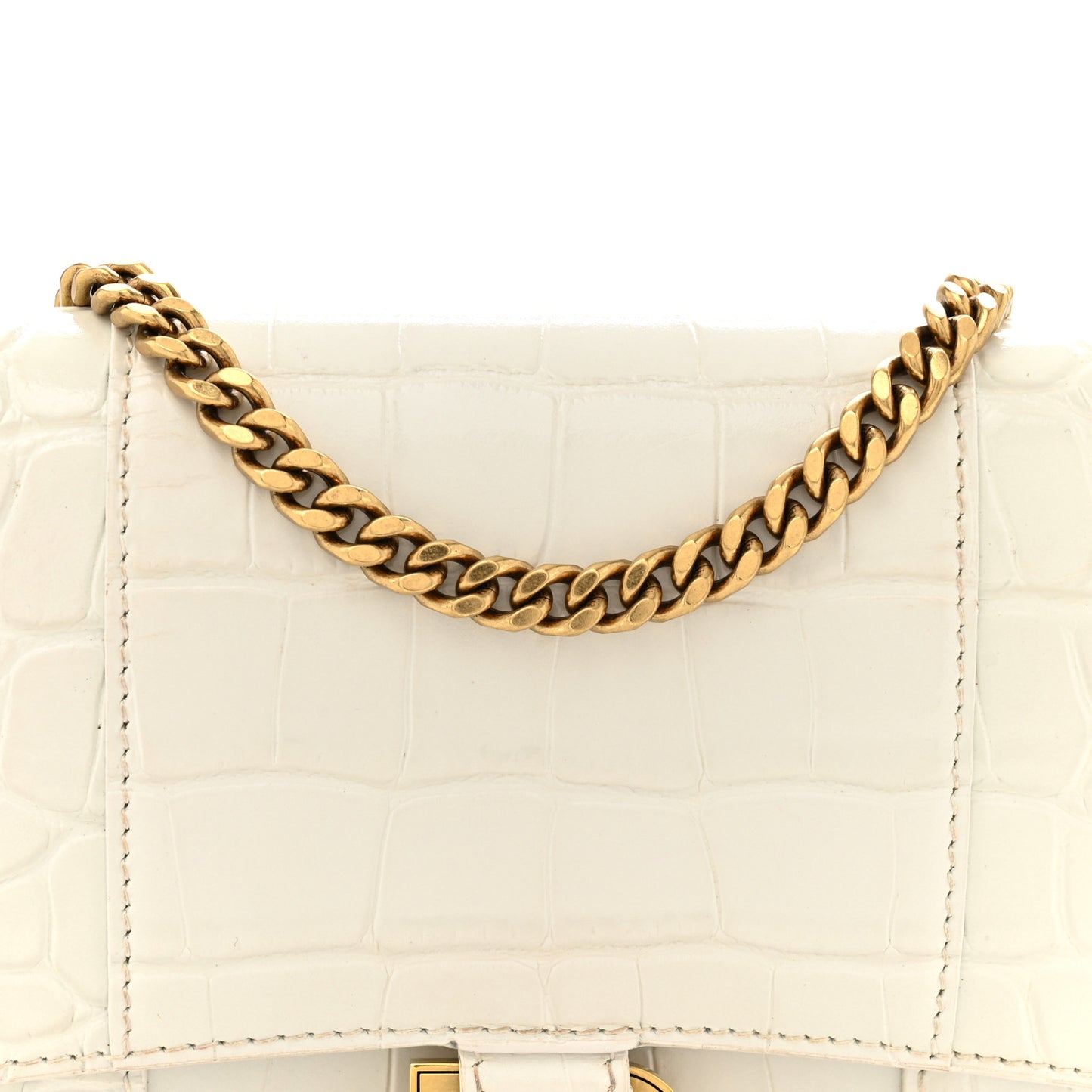 Shiny Calfskin Crocodile Embossed Hourglass Chain Bag White
