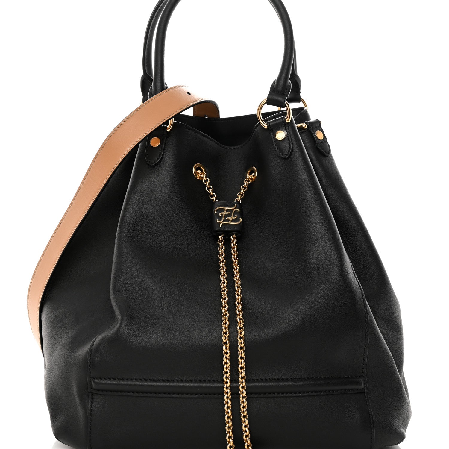 Fendi Vitello Grace King Karligraphy Chain Bucket Bag Black Bisquit 7 of 13