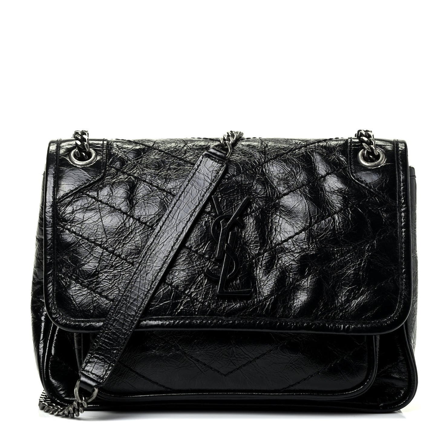 Crinkled Calfskin Matelasse Monogram Baby Niki Chain Satchel Black