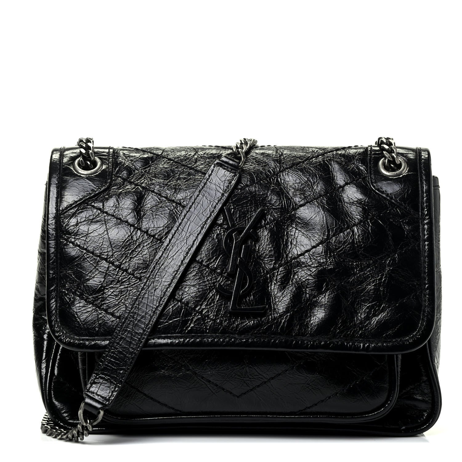 Saint Laurent Crinkled Calfskin Matelasse Monogram Baby Niki Chain Satchel Black 1 of 4
