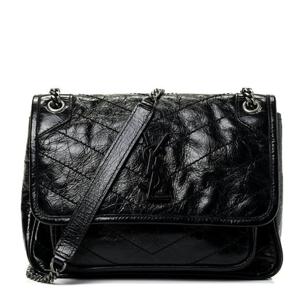 Saint Laurent Crinkled Calfskin Matelasse Monogram Baby Niki Chain Satchel Black 1 of 4