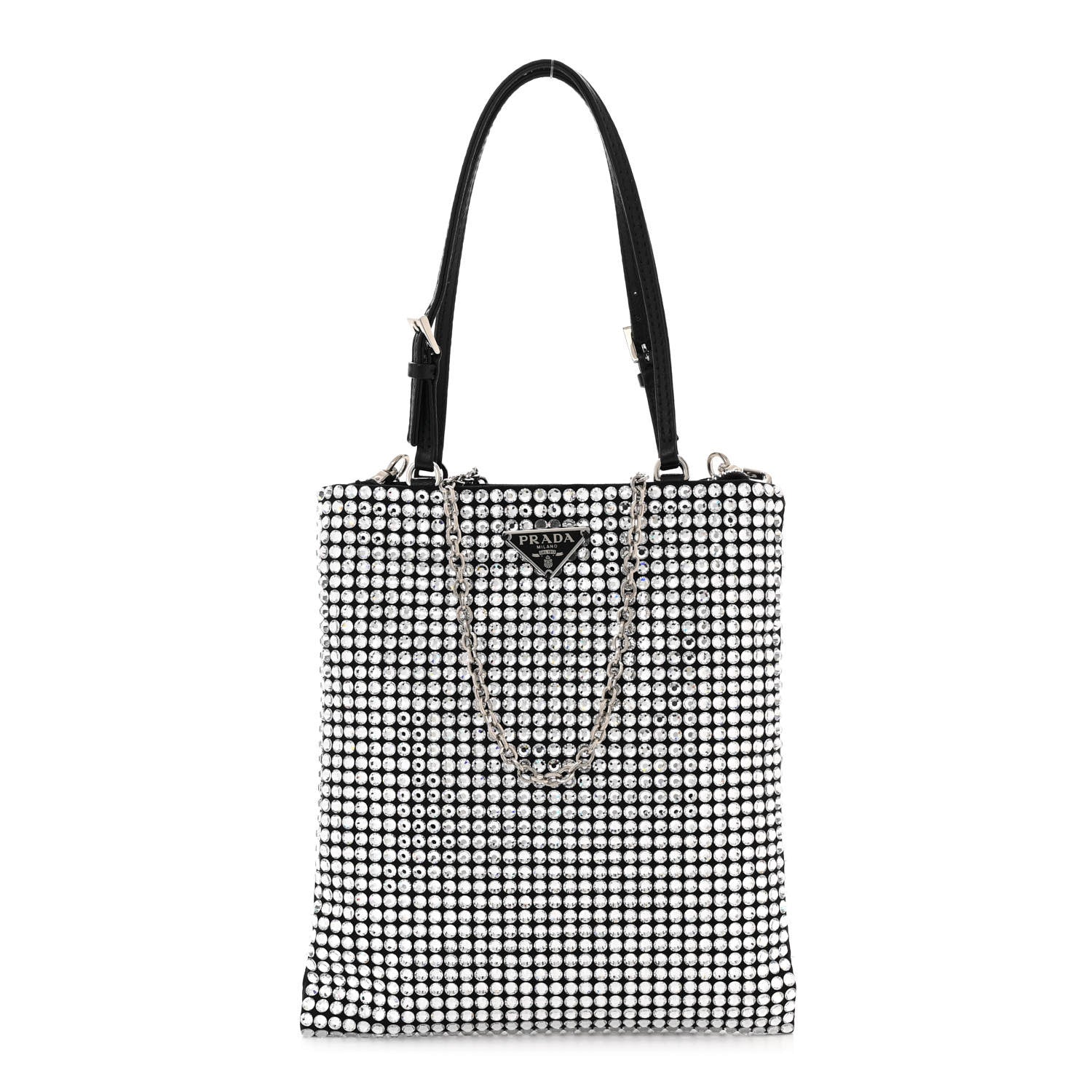 Prada Satin Crystal Metal Triangle Logo Chain Crossbody Handbag Cristal 1 of 10