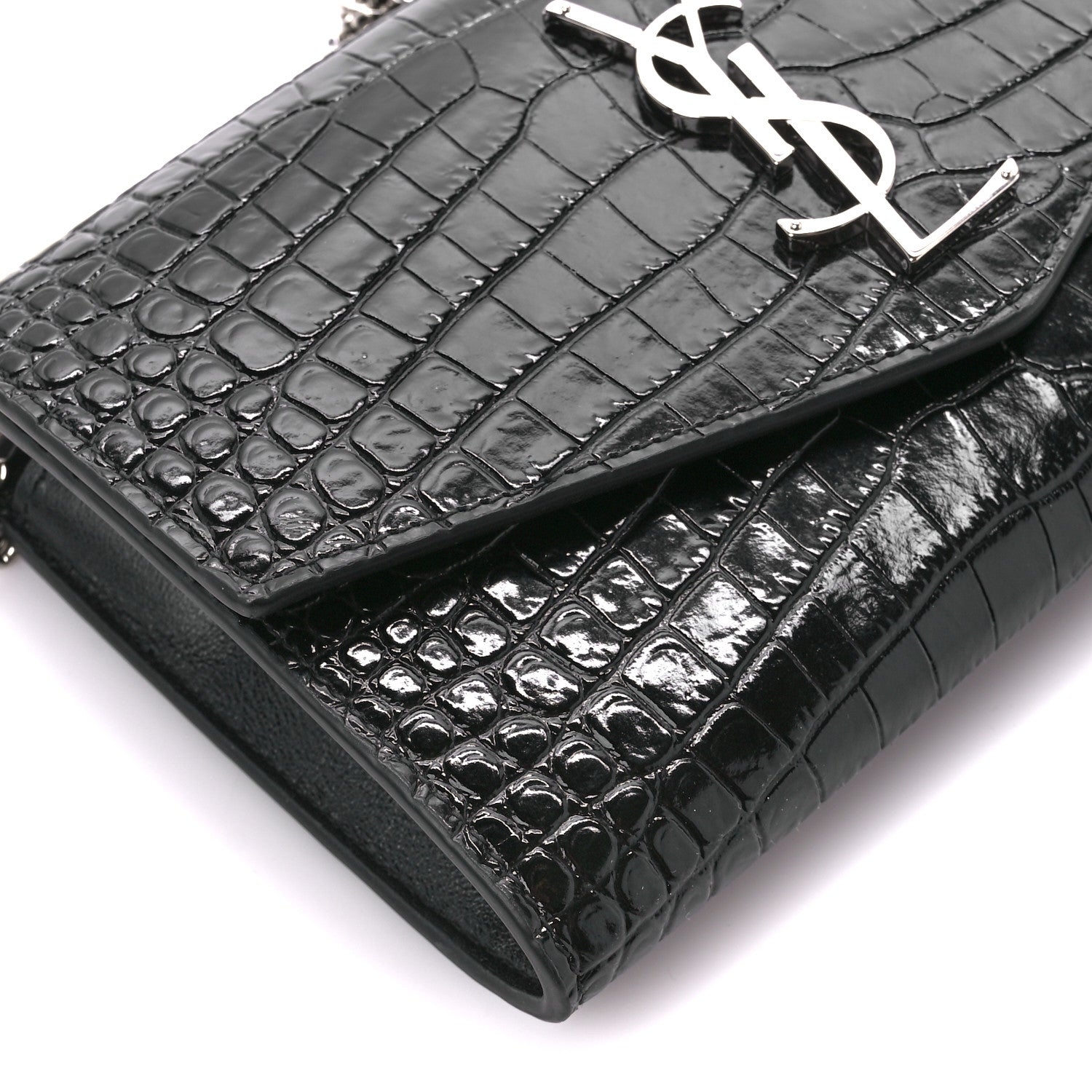 Saint Laurent Calfskin Crocodile Embossed Monogram Uptown Chain Wallet Black 12 of 13