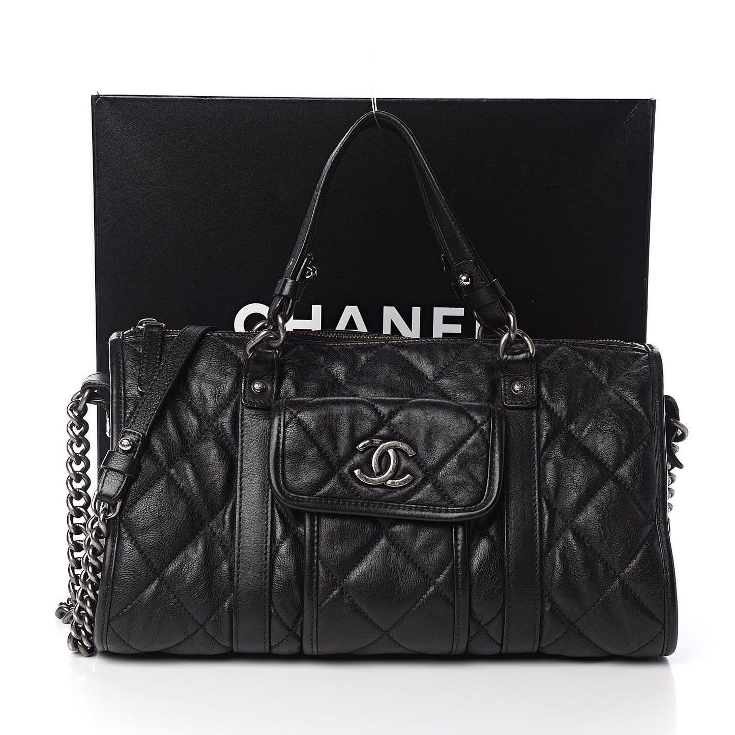 Calfskin Quilted Small Casual Riviera Bowling Bag Black