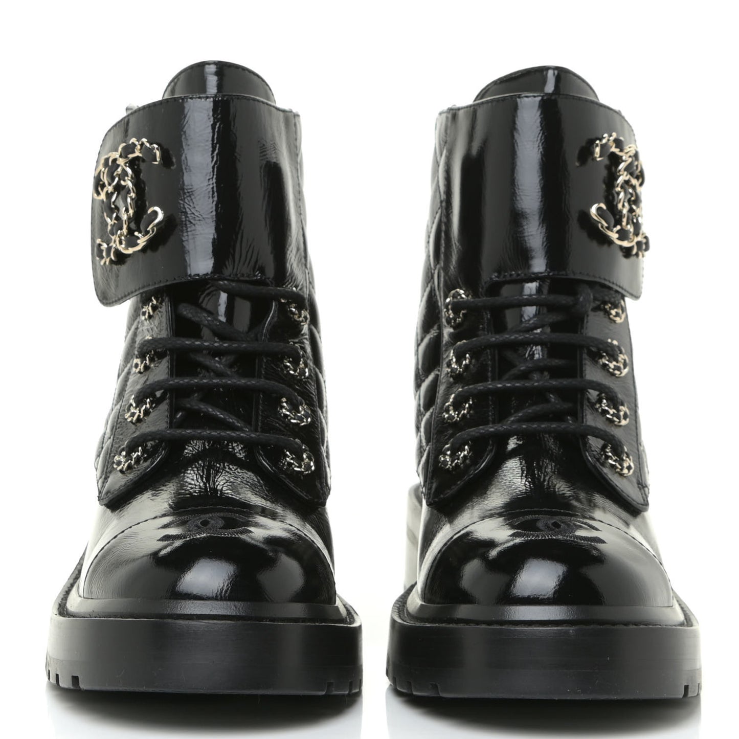 Shiny Calfskin Quilted Lace Up Combat Boots 37.5 Black