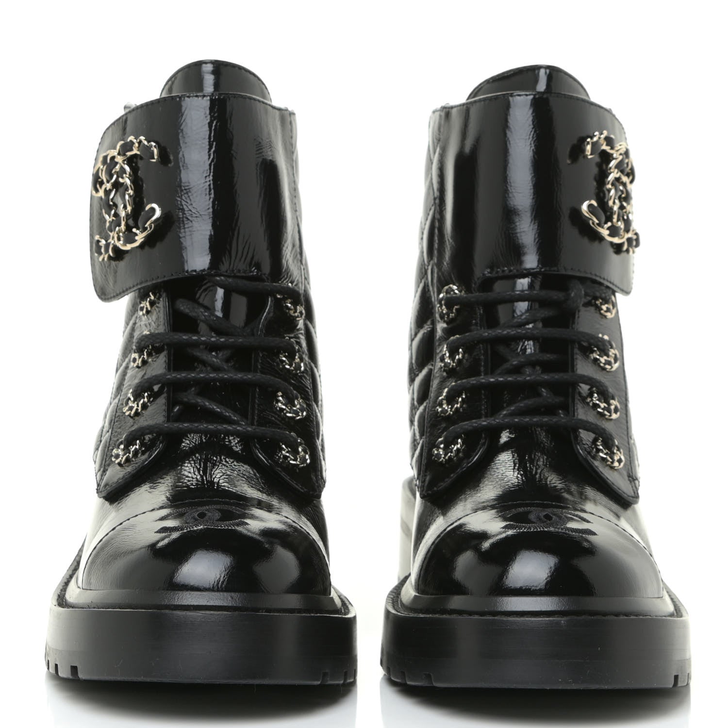 Chanel Shiny Calfskin Quilted Lace Up Combat Boots 37.5 Black 2 of 15