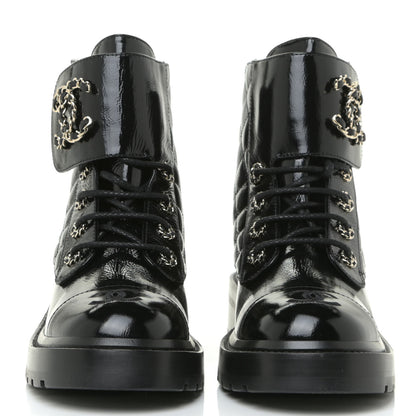 Chanel Shiny Calfskin Quilted Lace Up Combat Boots 37.5 Black 2 of 15