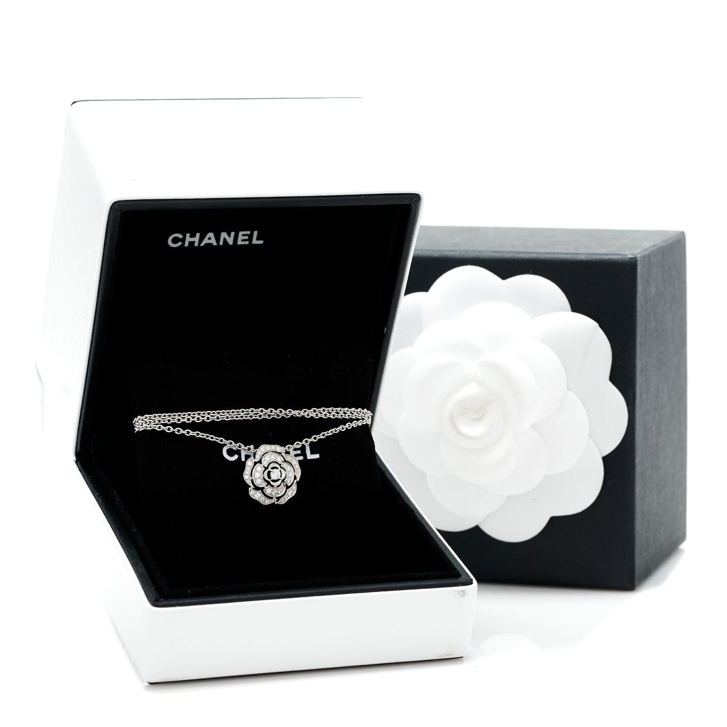 18K White Gold Diamond Bouton de Camelia Pendant Necklace