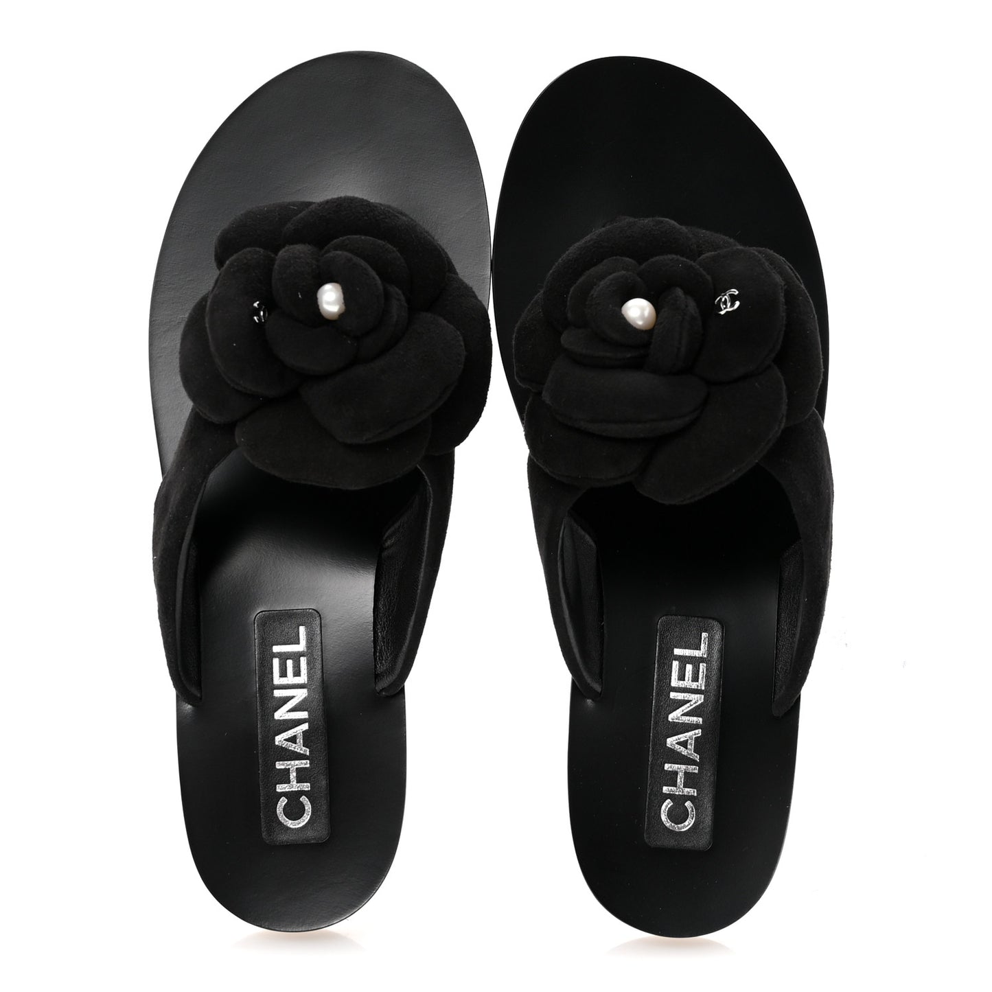 Suede Kidskin Pearl Camellia Thong Sandals 38.5 Black